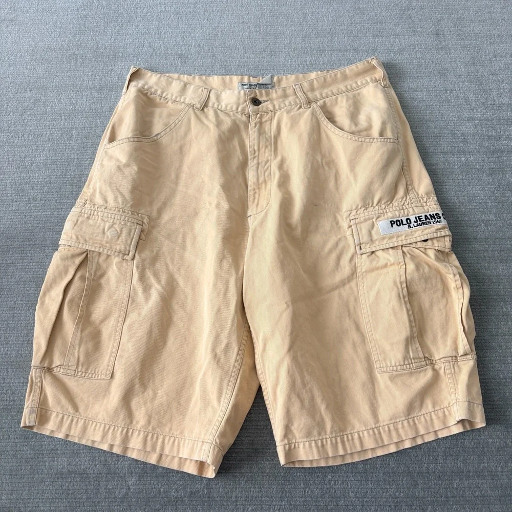 Vintage 90s Polo Jeans Ralph Lauren Cargo Shorts Men 36 Pockets Baggy Yellow‎